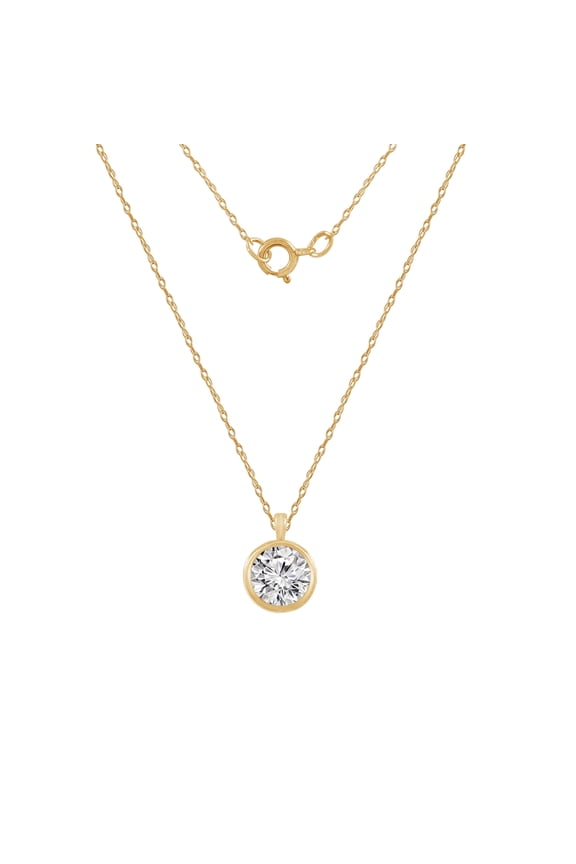 14K Real Solid Gold Solitaire Necklace for Women | 14K Yellow Gold Bezel Round Cut Pendant Necklace | 1 Carat Cubic Zirconia CZ Diamond Simulant