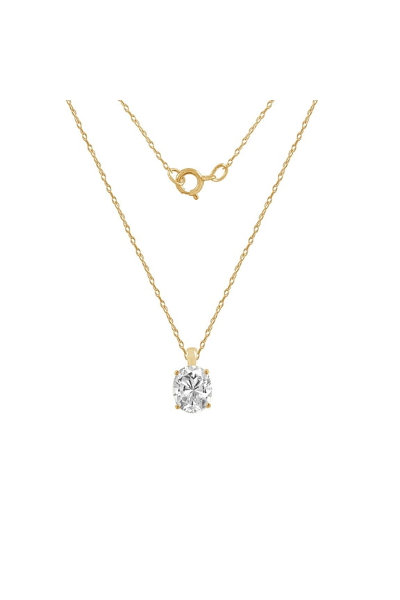 14K Real Solid Gold Solitaire Necklace for Women | 14K Yellow Gold Oval Cut Pendant Necklace | 1 Carat Cubic Zirconia CZ Diamond Simulant