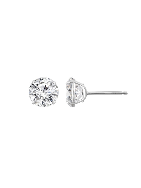 14K Real Solid Gold Stud Earrings for Women | 14K White Gold Round Cut Solitaire Studs | 1 carat Cubic Zirconia CZ Diamond Simulant