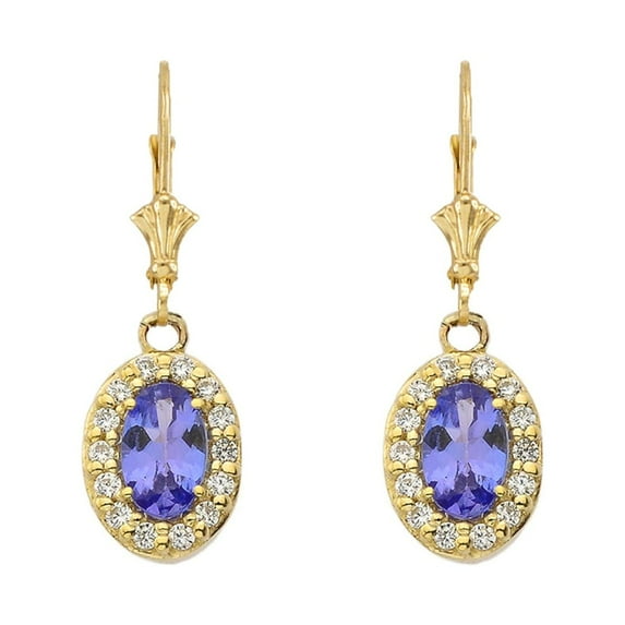 DIAMOND AND TANZANITE OVAL LEVERBACK EARRINGS IN YELLOW GOLD : 10K