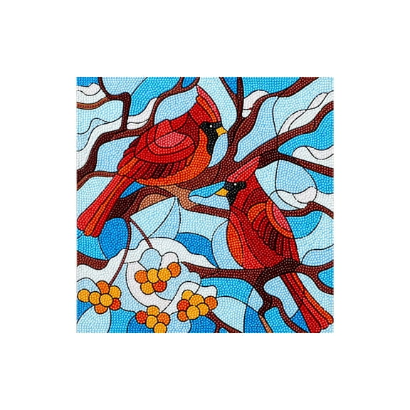 Diamond Art by Leisure Arts Stained Glass Cardinals Painting Kit – Intermediate Bird Scene with Round Gems – DIY Canvas for Adults, 12" x 12"