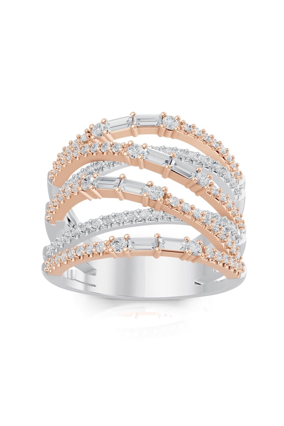 0.99 Carat Lab Grown Baguette & Round Diamond Cross Over Ring in 14K Two-Tone Gold (VVS, F Color) – 116 Stones, Modern Elegant Design, Sizes 5