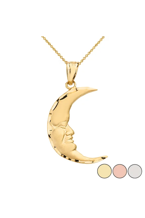 DIAMOND CUT CRESCENT MOON FACE PENDANT NECKLACE IN SOLID GOLD (YELLOW/ROSE/WHITE) 10k- Pendant with 20' Chain