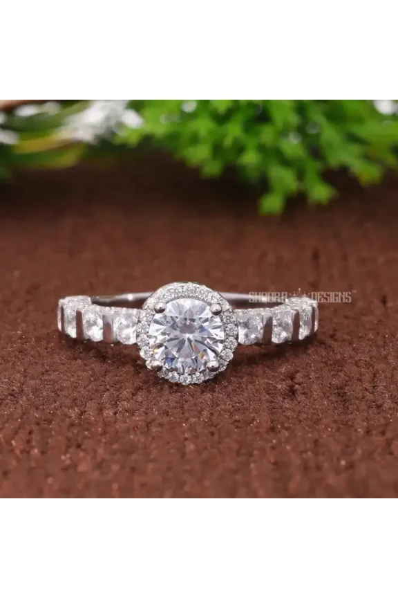 DIAMOND ENGAGEMENT RING, BAR SETTING BAND, 1CT ROUND LAB CREATED DIAMOND HIDDEN HALO ENGAGEMENT RING