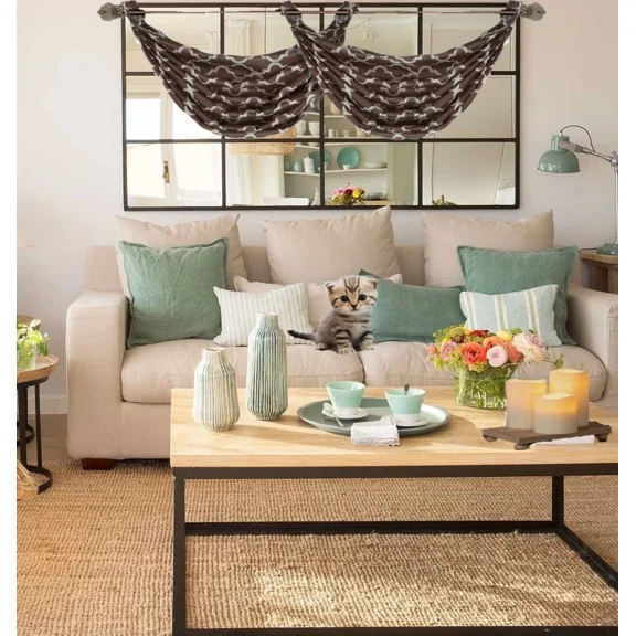 Gorgeous Home Linen Diamond Trellis V23 Faux Silk Waterfall Valance, Silver Grommet 2-Tone Window Curtain (1 Pc, 30" W x 18" L) Brown/White