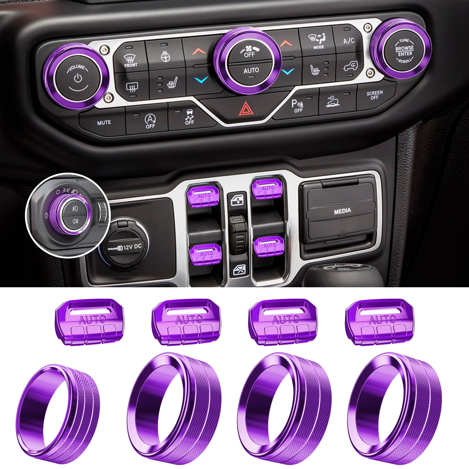 DIAMOOKY Jeep Wrangler & Gladiator Accessories Metal Button Knob Cover, Window Switch Button Cover Volume Radio Air Conditioner Headlight Switch Knob Cover,8PCS,Purple