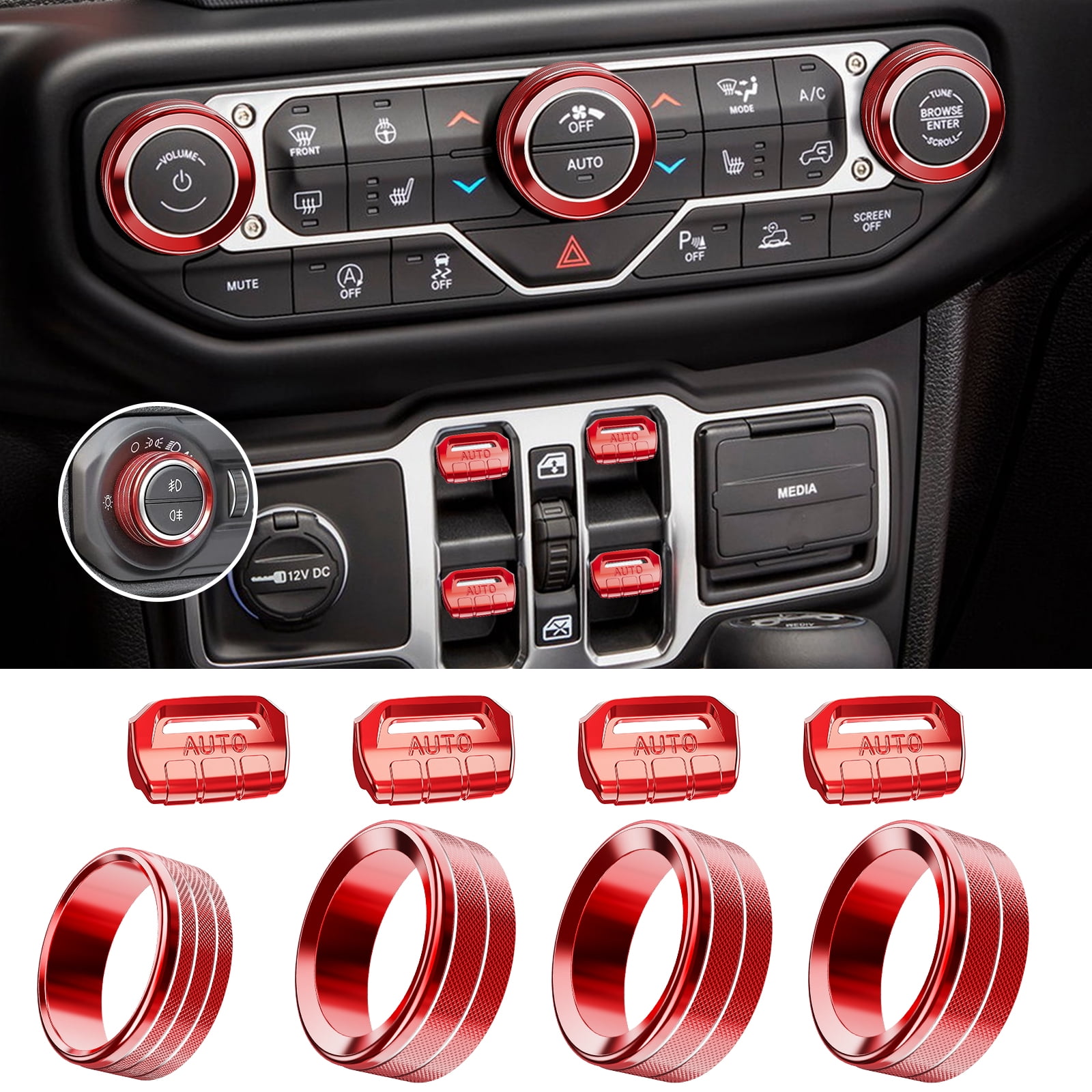 DIAMOOKY Jeep Wrangler & Gladiator Accessories Metal Button Knob Cover, Window Switch Button Cover Volume Radio Air Conditioner Headlight Switch Knob Cover, 8PCS, Red