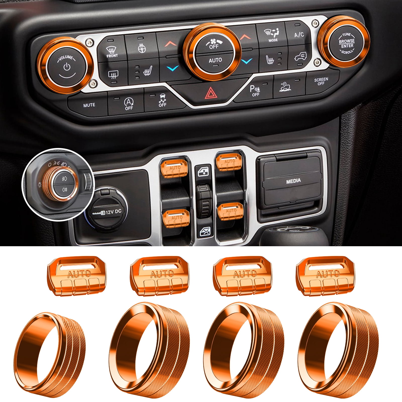 DIAMOOKY Jeep Wrangler & Gladiator Accessories Metal Button Knob Cover, Window Switch Button Cover Volume Radio Air Conditioner Headlight Switch Knob Cover,8PCS,Orange