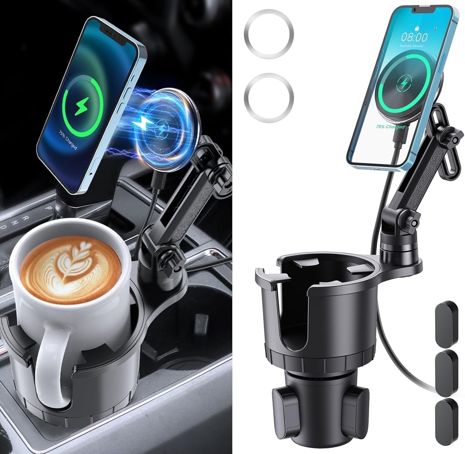 DIAMOOKY Magnetic Cup Holder Phone Mount for Magsafe Wireless Car Mount Charger 15W Cell Phone Stand with Adjustable Height for iPhone 12-16 Series