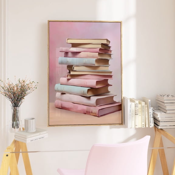 DIANANA Book Lover Print, Stack of Books Painting, Gift for book lover, Bookworm Art, Pink Trendy Reading corner art