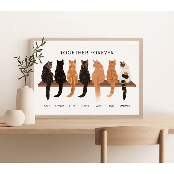 DIANANA Custom Cat Portrait Print: up to 8 cats, Beautiful Wall Art of Cats On a Shelf, Cat Mum Gifts for Her, Personalised Cat Painting Gift