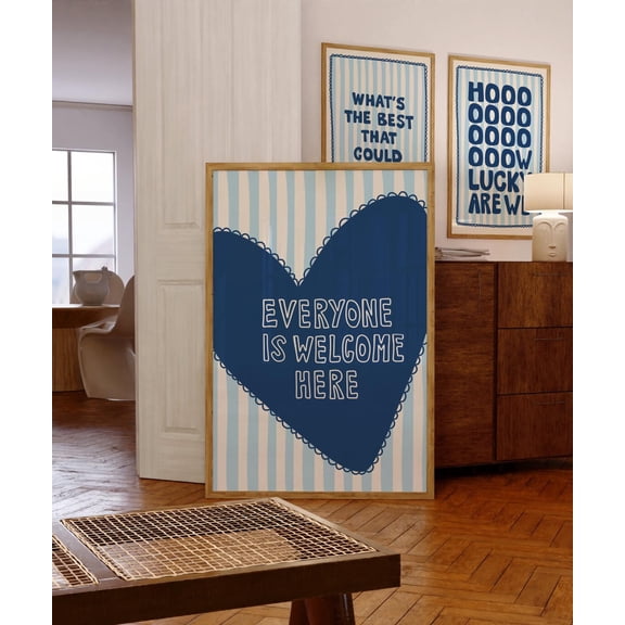 DIANANA Everyone Is Welcome Here Sign Entryway Quote Wall Art for Dorm Decor Room Positive Office Poster Navy Blue Heart Dopamine Decor