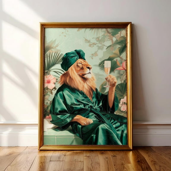 DIANANA Funny Lion in Robe Poster: Animal Bathroom Art, Green & Jungle Safari Home Decor