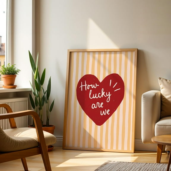DIANANA How Lucky Are We Print | Red Heart Yellow Striped Wall Art | Playful Dopamine Home Decor | Trendy Typography Love Quote |