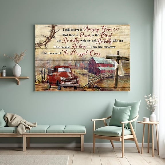 DIANANA Rustic Farm Red Truck Cross Wall Art, Amazing Grace Bible Quote , Country Barn Decor, Jesus Landscape Prints For Home Decor