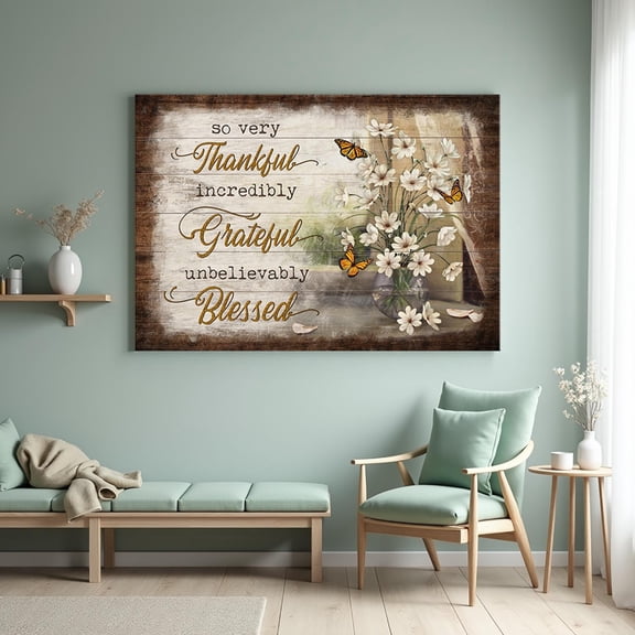 DIANANA So Very Thankful Grateful Blessed Wall Art with Flowers - Rustic Faith Quote Jesus Landscape Prints for Home Decor