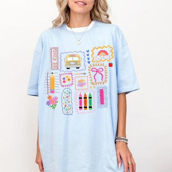 DIANANA Trendy Teacher Shirt, Colorful Doodle Back To School Shirt, Preppy Coquette School T-shirt, Girly Pink Bow Tee, Teacher Gifts light blue