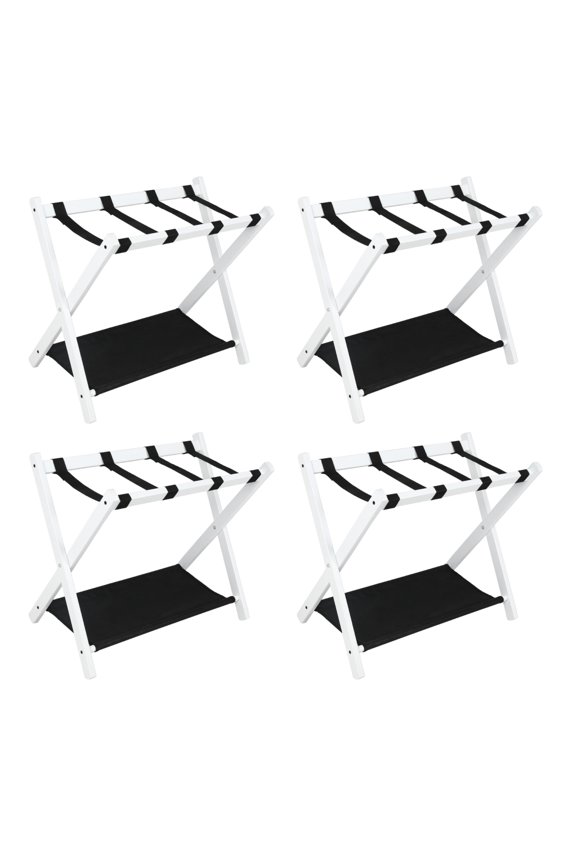 4 Pack Folding Bamboo Luggage Rack Double Tier Suitcase Stand with Nylon Straps No Assembly Required Luggage Holder for Bedroom & Hotel Guest Rooms White
