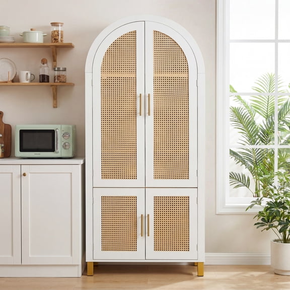 DIANJIE 71 Oak Arched Storage Cabinet 4 Rattan Door Modern Farmhouse Pantry with Adjustable Shelves