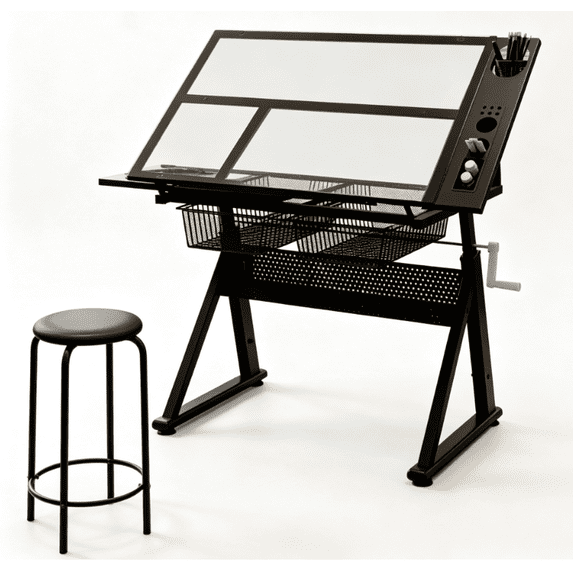 DIANJIE Black Hand Crank Adjustable Drawing Table with Stool for Art ...