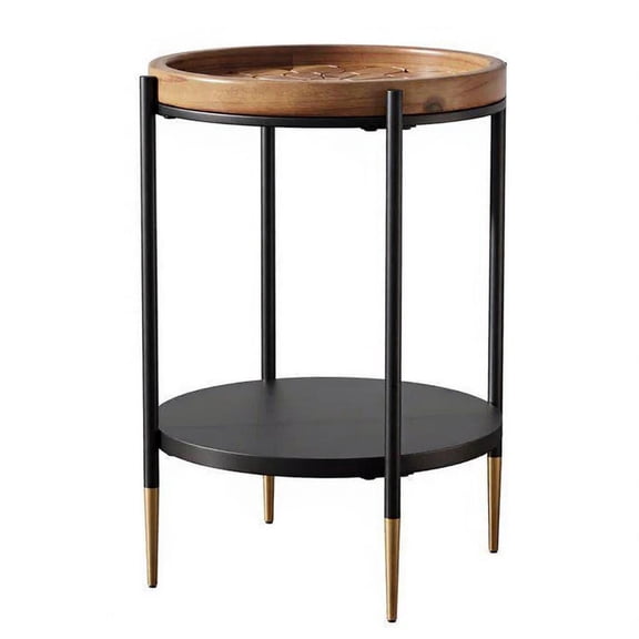 DIANJIE Dual Storage Carved Accent Side Table with Vintage Industrial Styling for Multi-Scene Home Use