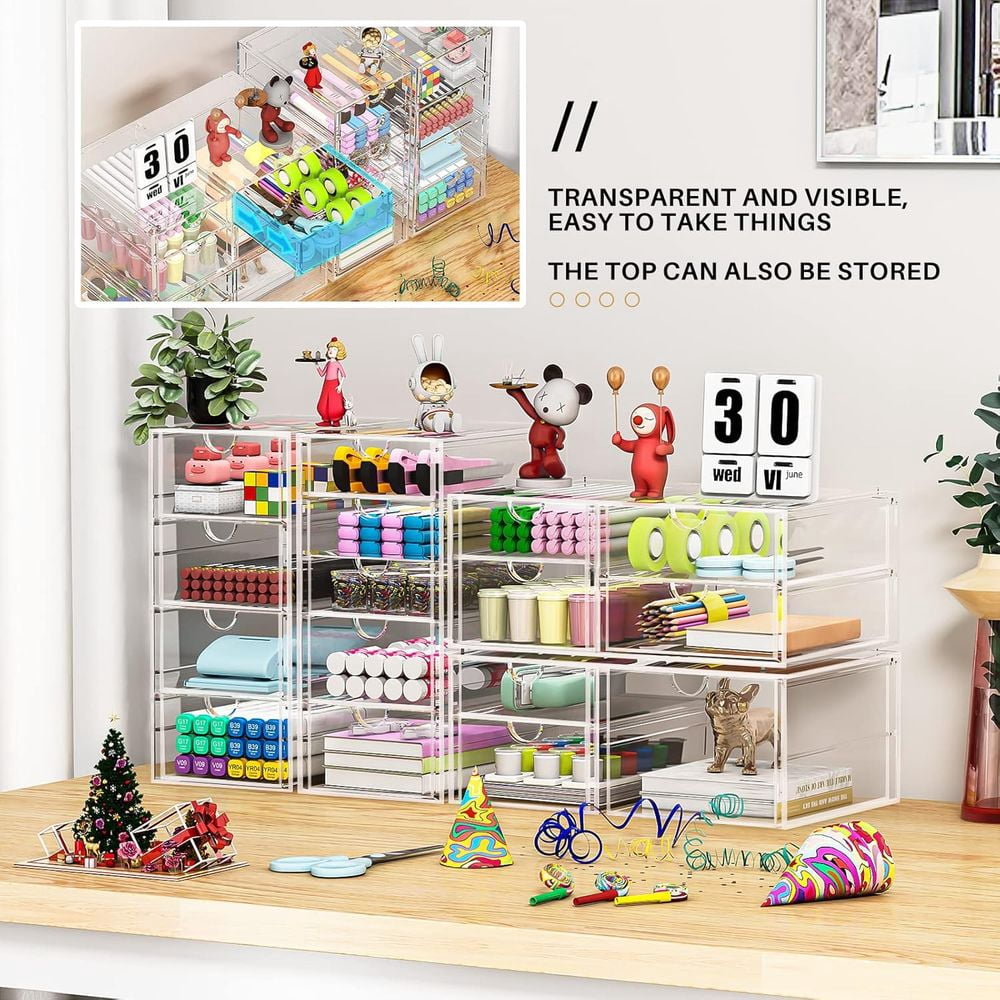 DIANJIE Makeup Organizer Storage with 16 Drawers 4 Pcs Desktop Office Supplies Desk Organizers Clear Accessories Dustproof Storage Drawer for Makeup Jewelry Pen Stationary