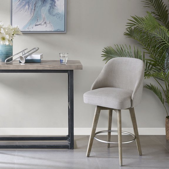 DIANJIE Swivel Counter Stool With Medium Back Solid Wood Legs Polyester Linen Upholstery Metal Ring Footrest For Kitchen Island