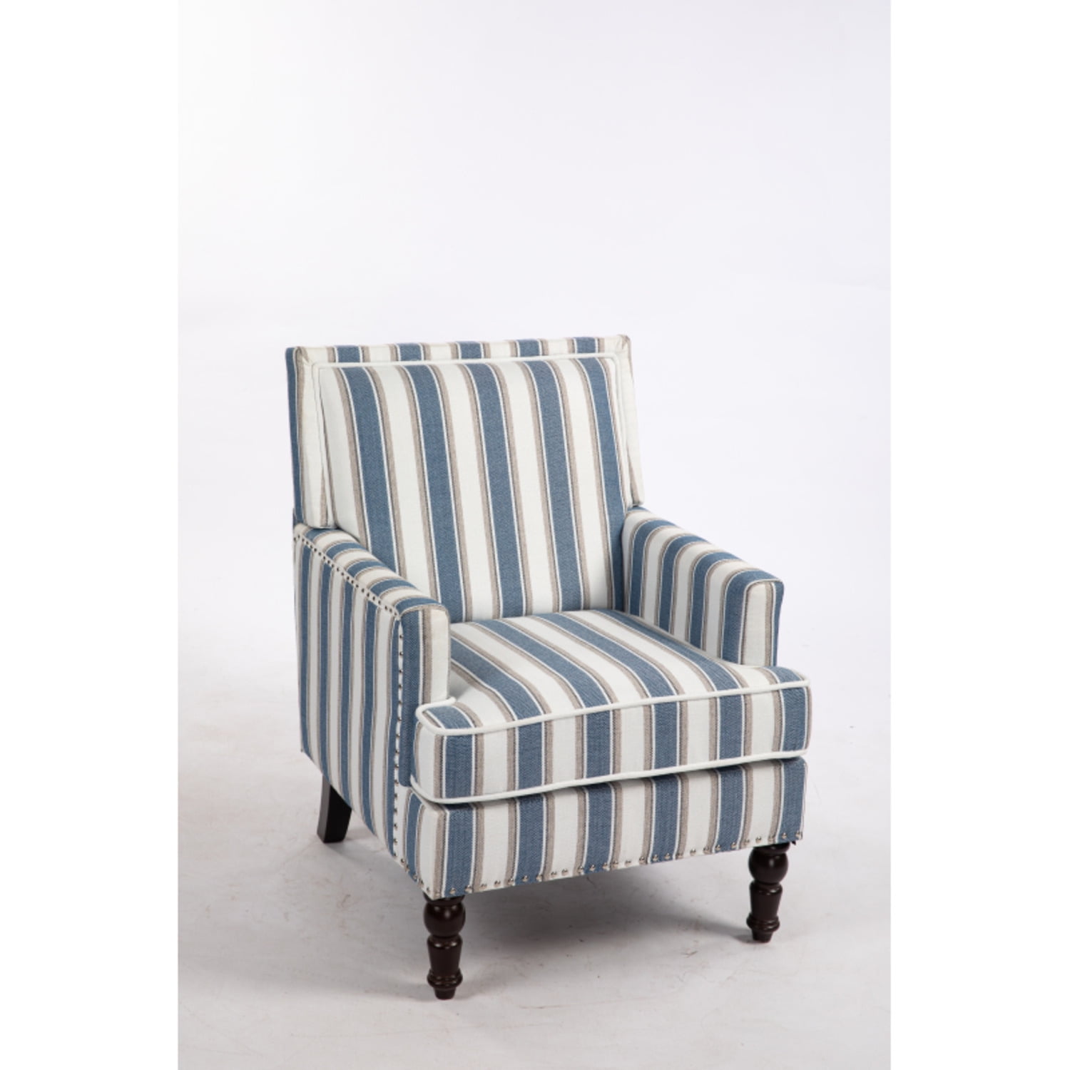 DIANJIE Upholstered Accent Chair, Vintage Armchair with Blue White Striped en Fabric and Nailhead Trim for Living Room