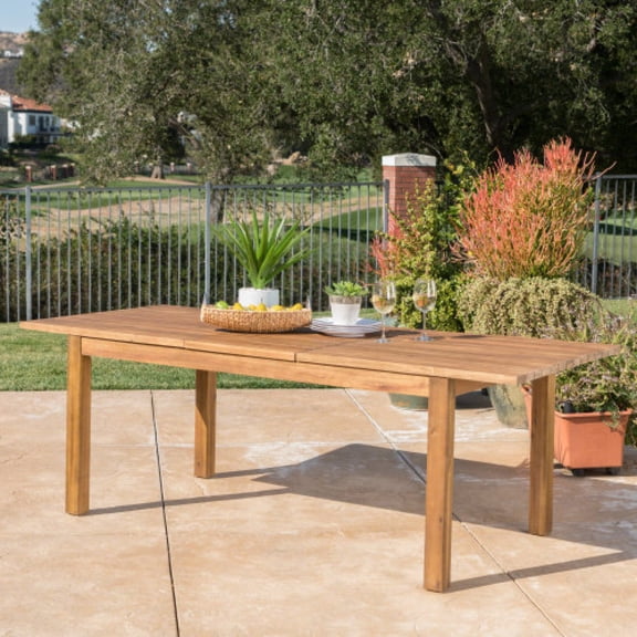 DIANJIEExtendable Acacia Wood Rectangular Outdoor Dining Table Teak Finish Weather Resistant Slatted Top Adjustable Length 65.75 To 85.43 Inches For Backyard Garden Porch