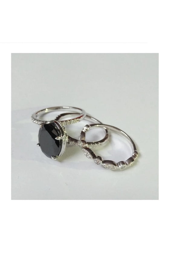 Oval Shape Bridal Ring Set, 14K White Gold Plated Fashion Ring For Her, For Women, Black Diamond Wedding Ring Set