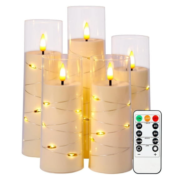 DICEEVIL 5 Pcs Flameless Candles with Embedded Star String, Battery Operated Candles Acrylic LED Pillar Candles with Timer and Remote, Flickering Candle for Romantic Ambiance Home Decoration (Clear)