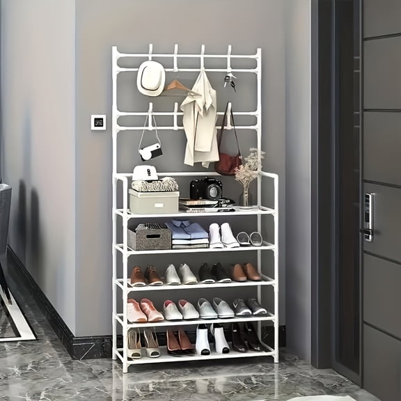 DICEEVIL 5-Tier Entryway Coat Rack, Coat and Shoe Rack Shoe Organizer with 8 Hooks, Modern Industrial Style Coat Tree for Hallway