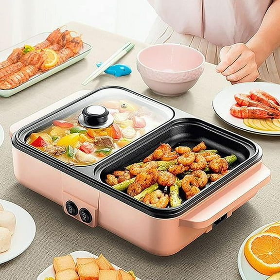 DICEEVIL Electric Hot Pot with Grill, 2 in 1 Indoor Non-Stick Electric Hot Pot, Multifunctional Smokeless Korean Barbecue Grill, Independent Temperature Control, for Korean BBQ, Shabu and Soup