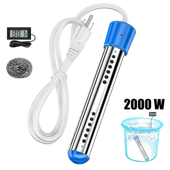 DICEEVIL Immersion Water Heater, 2000W Electric Bucket Heater Submersible Anti-scalding Bucket Heater with LCD Thermometer, Stainless-steel Guard/Auto Shut-Off Water Heater, Blue
