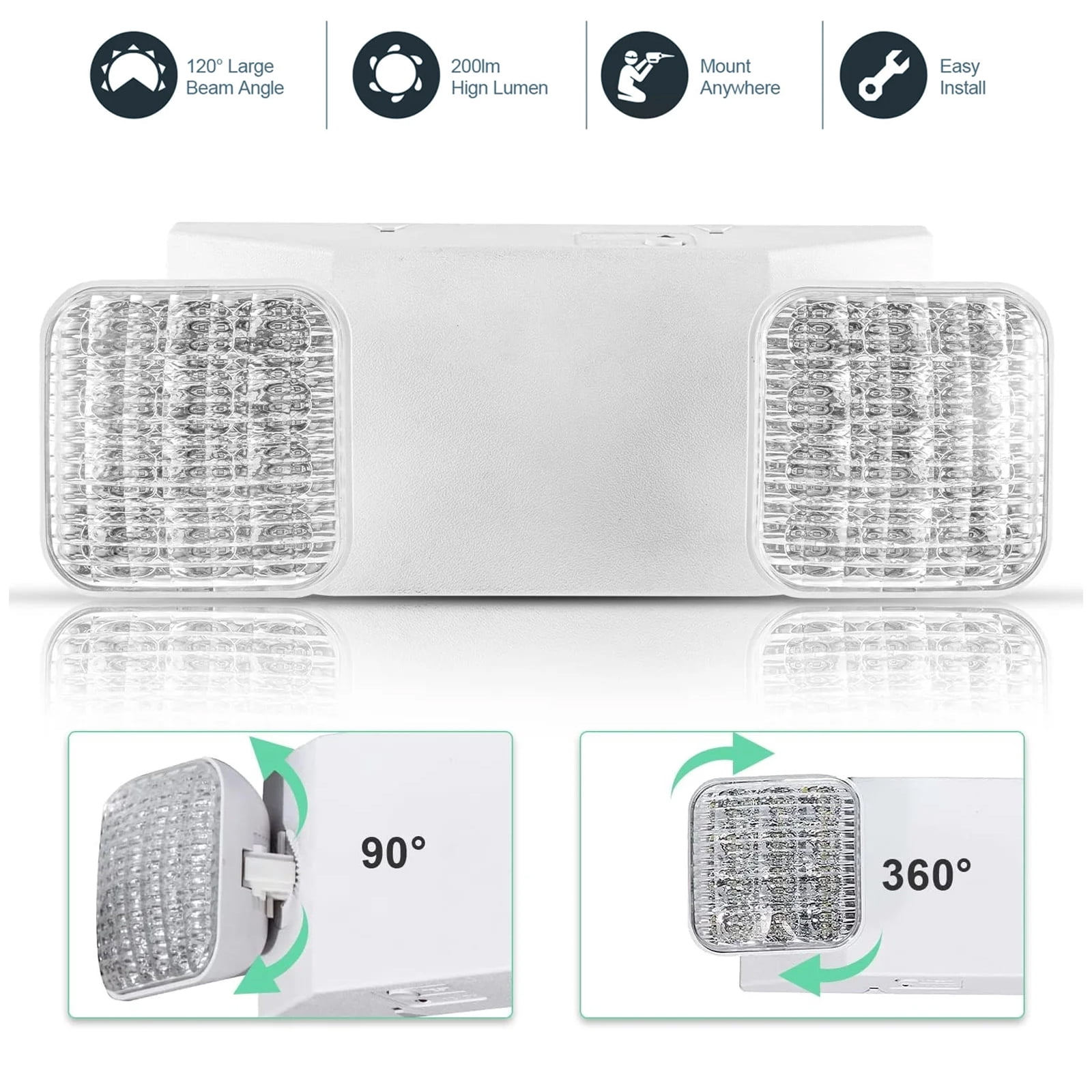 DICEEVIL LED Emergency Lights with Battery Backup, Commercial Emergency Lights Fixtures, Two Adjustable Square Head LED Emergency Lighting, for Mall School Restaurant Hotel, White