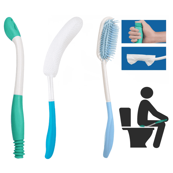 DICEEVIL Toilet Aid Set for Wiping, 3 Pcs Long Handle Toilet Wiper & Shower Brush & Hairbrushes, Elderly Assistance Self Wipe Tools for Disabled Elderly Pregnant Overweight