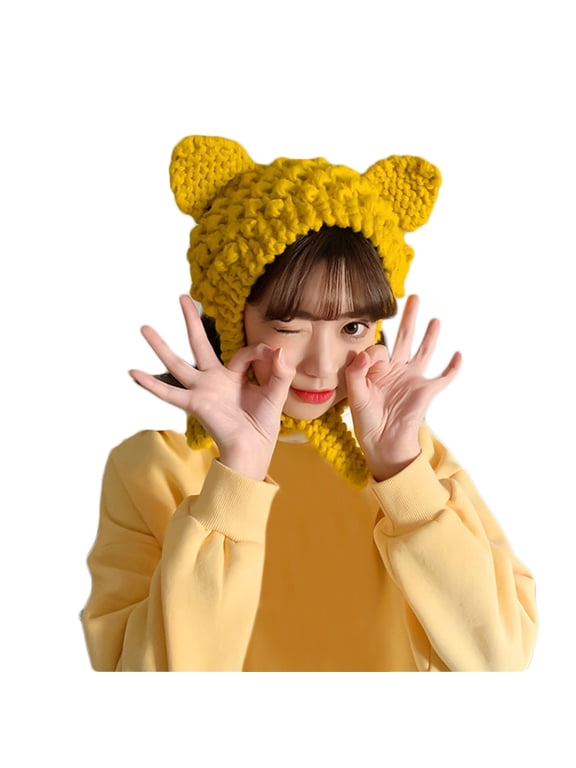 Korean Women Autumn Cute for Cat Ears Knitted Skullies Beanie Hat Bright Solid Color Chunky Crochet Harajuku Outdoor Windproof Earflap Cap Photo Props