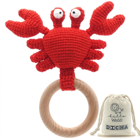 DICHA Wood Baby Rattle-Crochet Baby Rattle- Infant Rattle Sensory Development Wooden Toys Set-includes Beech Wooden Teething Ring-Crab