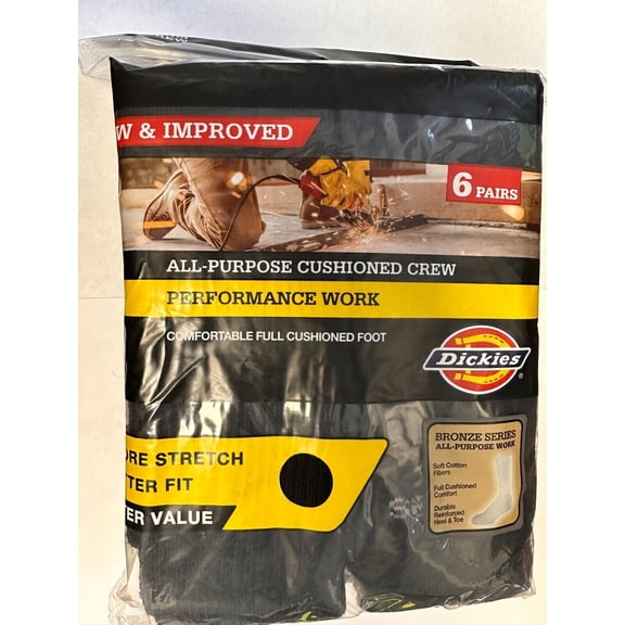 DICKIES PERFORMANCE WORK CUSHIONED CREW MEN'S SOCKS 6 PAIRS 6-12