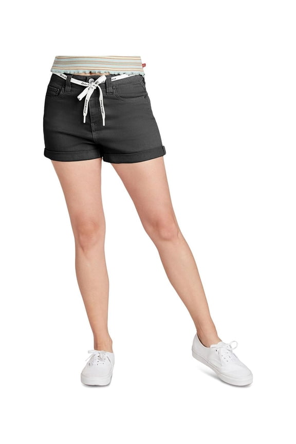 Womens Black Denim Zippered Pocketed Button Front Rolled Cuffs Shorts Shorts Juniors 0