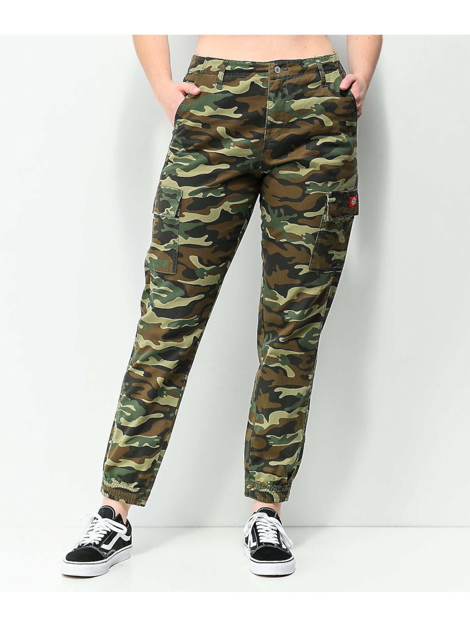 DICKIES Womens Green Zippered Pocketed Cargo Jogger Elastic Waist Cuff  Camouflage High Waist Pants Juniors XS 