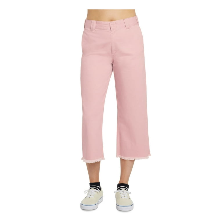 DICKIES Womens Pink Zippered Pocketed Frayed Cropped Wide Leg
