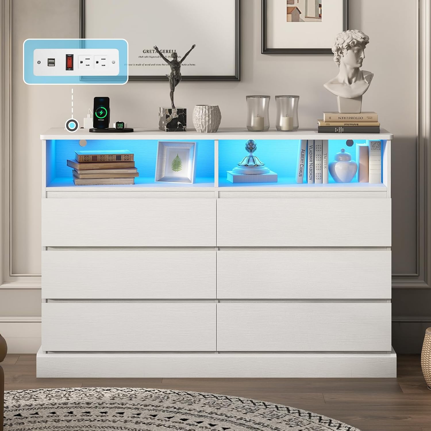 Led Between Drawers DICTAC Dresser for Bedroom with LED Lights and Charging Station, White ...