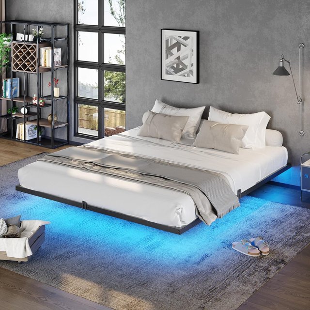 DICTAC Floating Bed Frame Queen Size with LED Lights, Metal Platform
