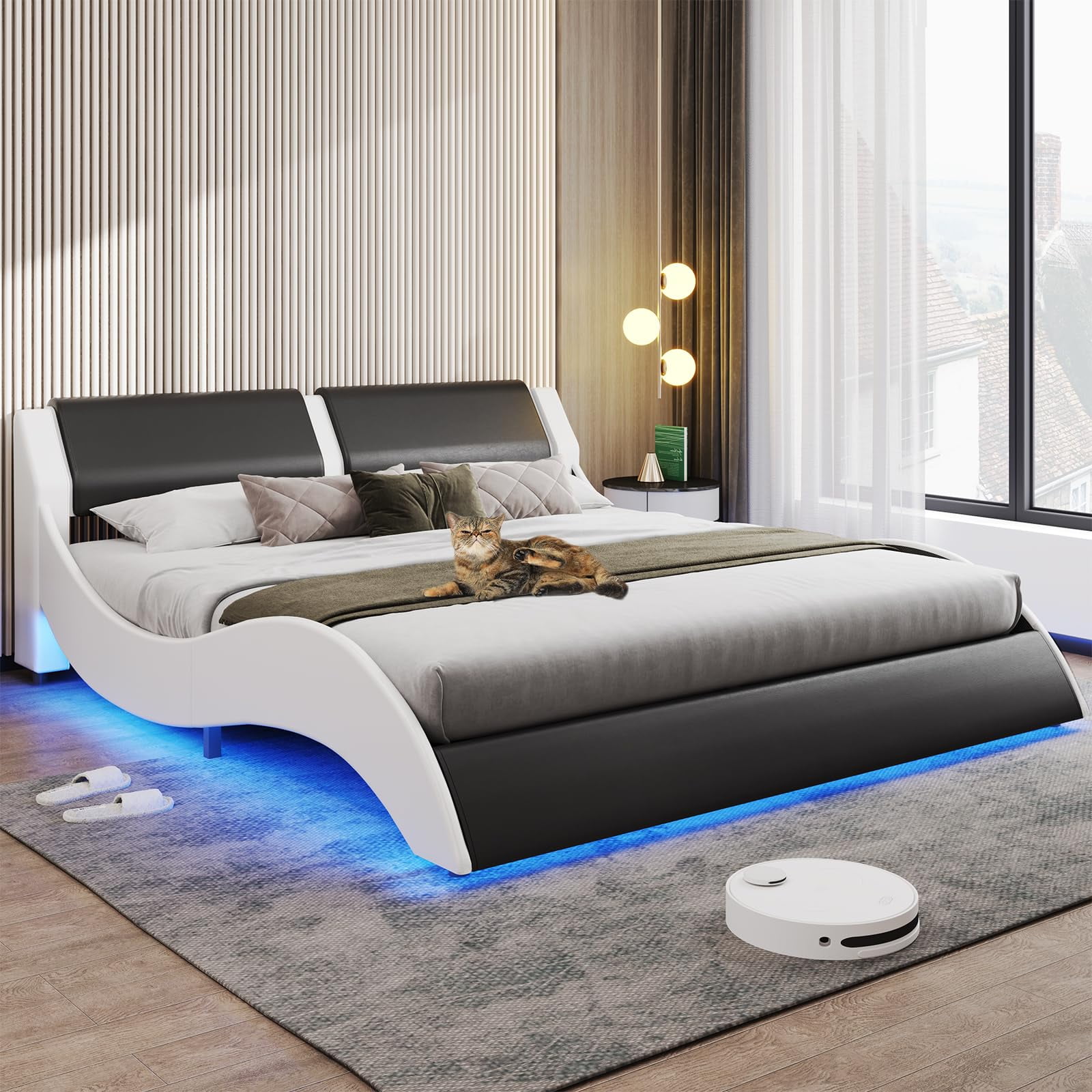 DICTAC Full Led Bed Frame Modern Faux Leather Upholstered Platform Bed ...