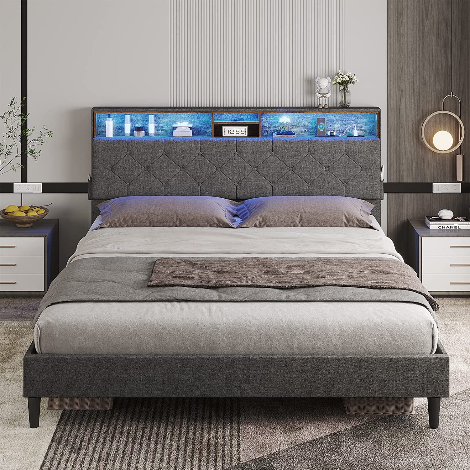 DICTAC Full Size Platform Bed Frame with LED Headboard, Outlets and USB