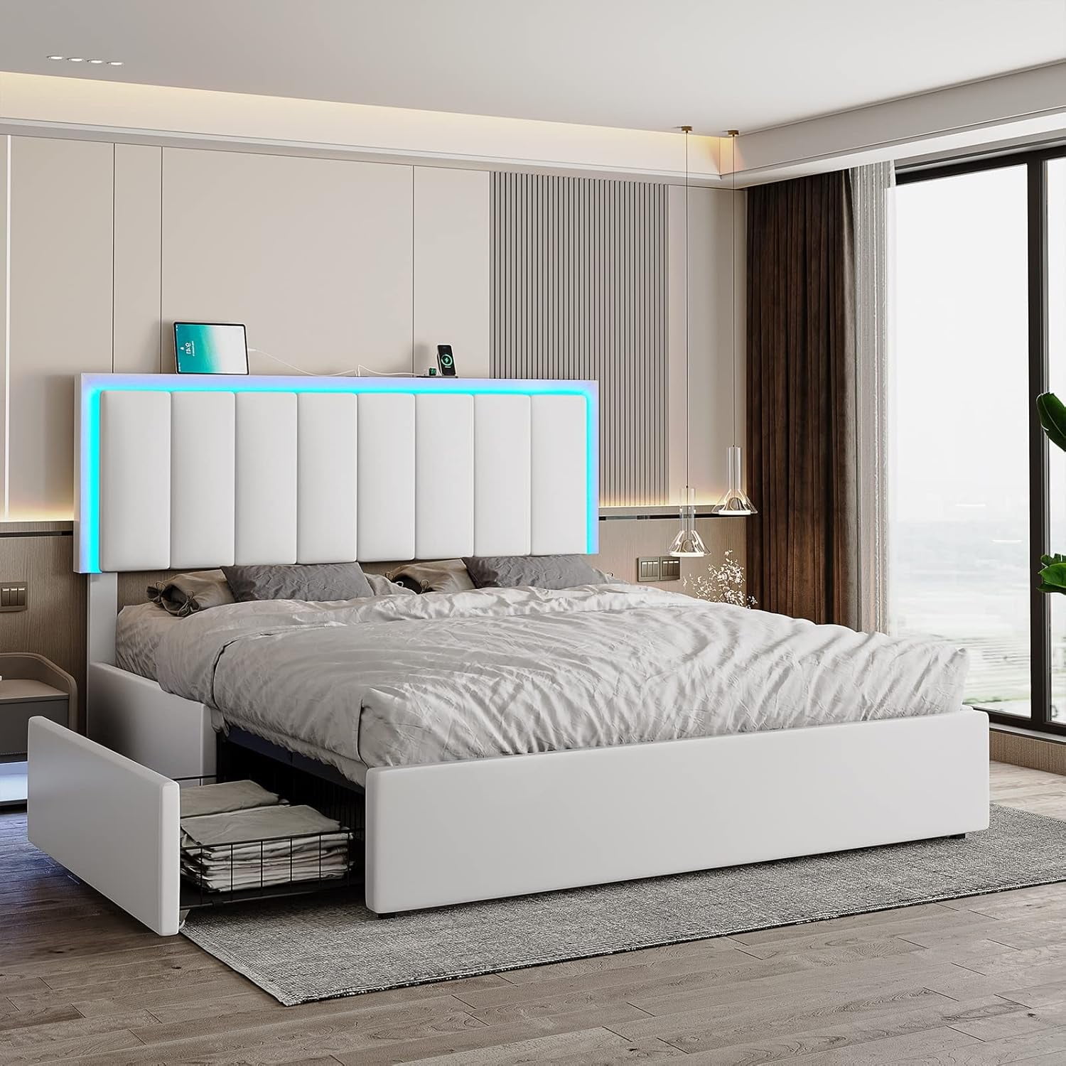 DICTAC Queen Bed Frame with 4 Drawers and USB Ports Modern Upholstered