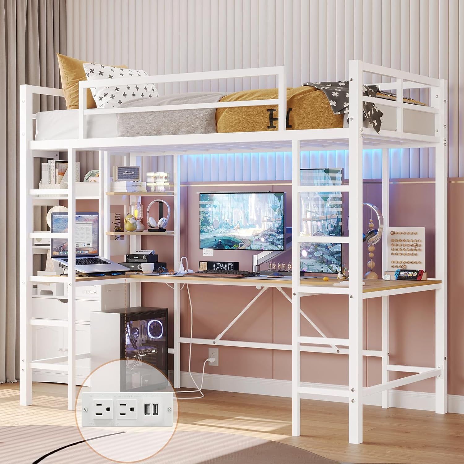 DICTAC Loft Bed Twin Size with U Shaped Desk and Led Lights Metal Twin ...