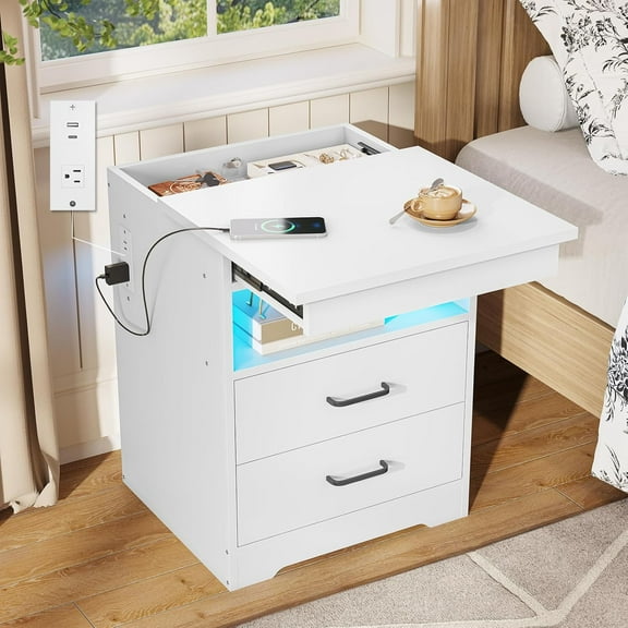 DICTAC Nightstand with Charging Station and LED Lights, Bedside Table with Lockable Sliding Desktop, Modern Night Stand with Storage Drawers and Open Shelf, End Side Table for Bedroom, Home Office