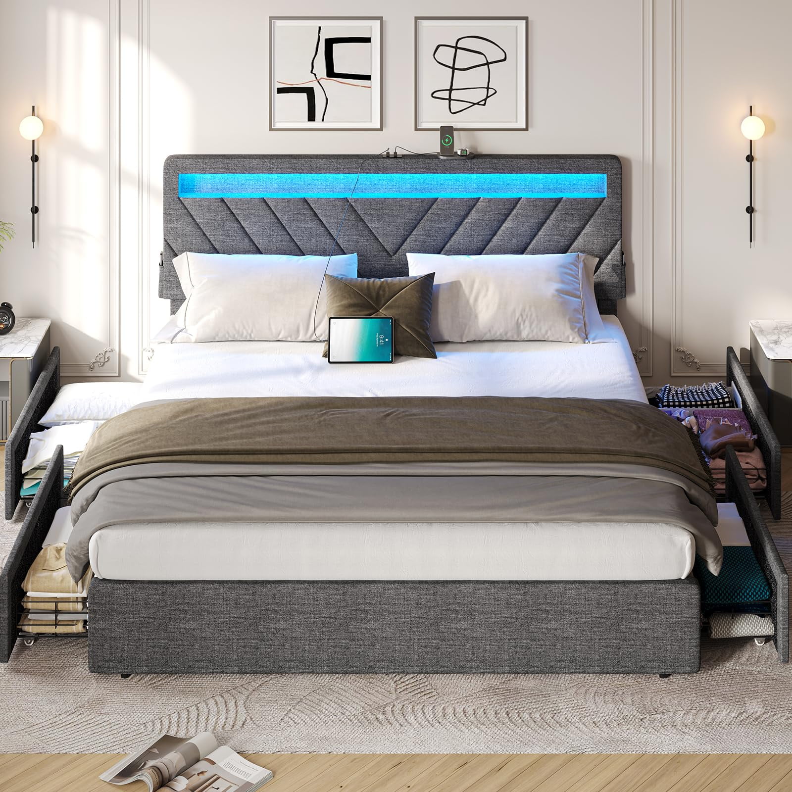 DICTAC Platform Bed Frame With LED Lights, Modern Upholstered Bed With ...